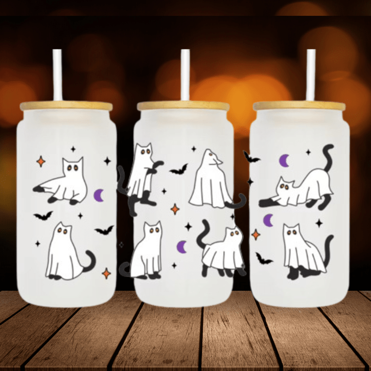 Halloween Ghost Cat Glass Cup β Coffee & Iced Drink Mug, Spooky Gift