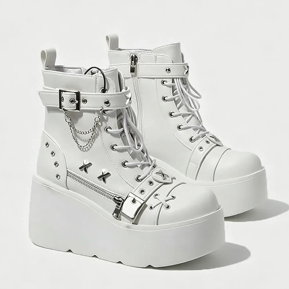 Size 42 Gothic Black Platform Creepers Shoes White Smooth Faux Leather Goth Creepers E-girl Chunky Lace Up Lolita Casual Shoes