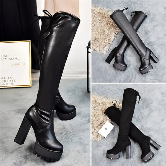 Square Chunky Block High Heels Riding Boots Women Slip On Thick Platform Rock Punk Botas Mujer Over the Knee High Boots Shoes