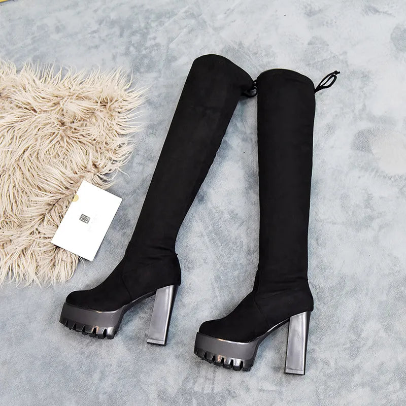 Square Chunky Block High Heels Riding Boots Women Slip On Thick Platform Rock Punk Botas Mujer Over the Knee High Boots Shoes