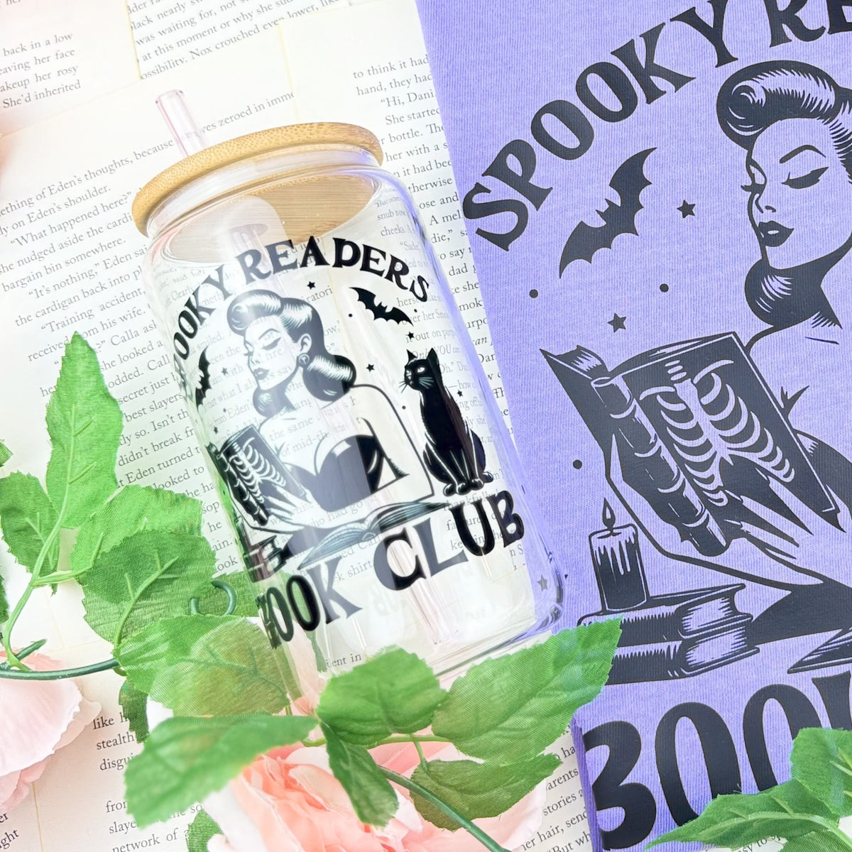Spooky Readers Book Club Glass Cup | Clear Tumbler with Bamboo Lid and Optional Glass Straw Upgrade for Halloween Book Lovers