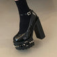 Punk Style Black Rivet Buckle High Heels Women's Trendy Gothic Sizes 36-43 Waterproof Platform Belt Buckle Thick Heel Nude Shoes