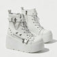 Size 42 Gothic Black Platform Creepers Shoes White Smooth Faux Leather Goth Creepers E-girl Chunky Lace Up Lolita Casual Shoes