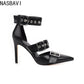 NASBAVI Black Punk Gothic High Heels Sexy Plus Size Pointed Toe Fashion Buckle Rivet Women Pumps Wedding Shoes Stiletto Heels