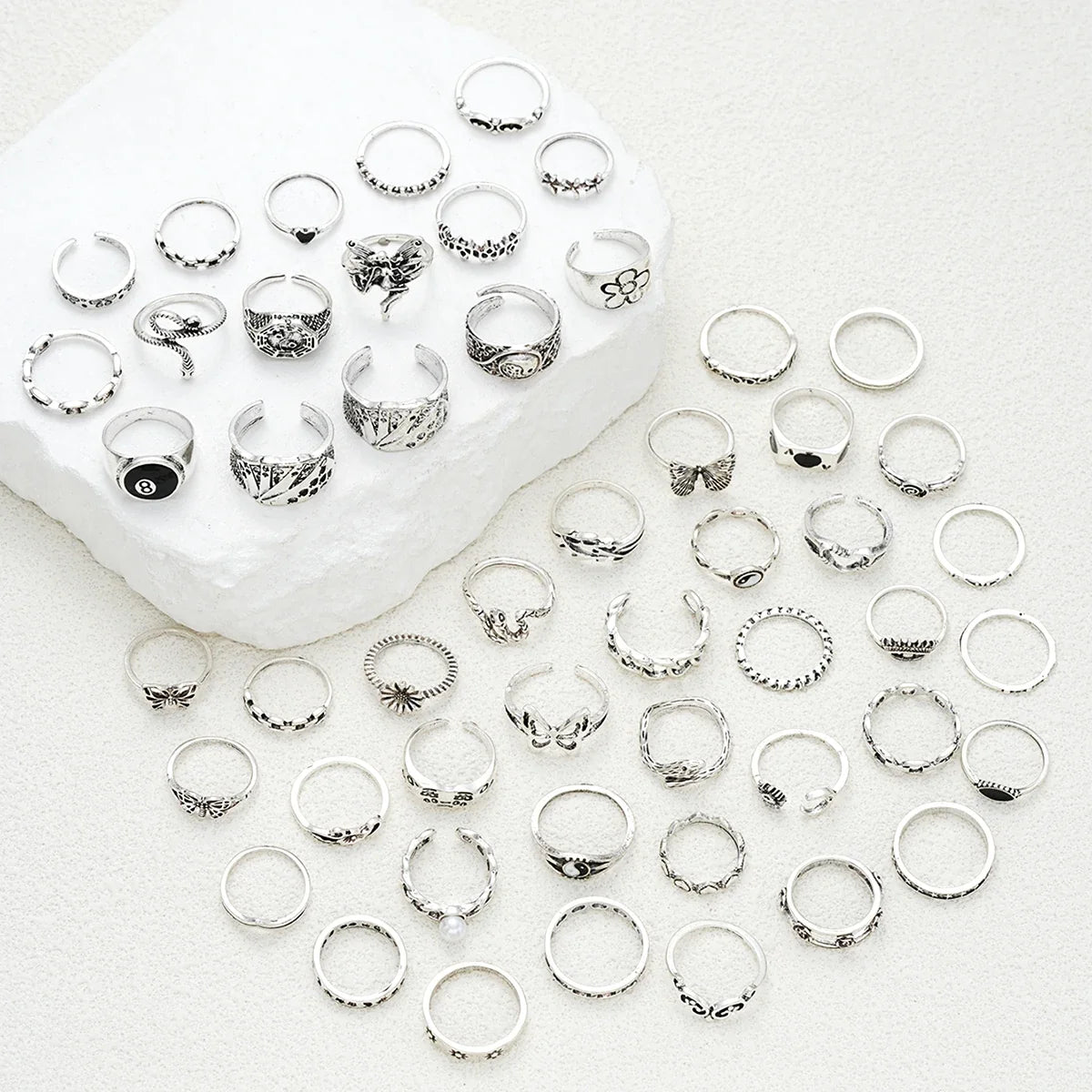 51pcs Gothic Punk Ring Set For Women Men Fashion Butterfly Heart Snake Design Match Ring Daily Wear Halloween Jewelry Gifts New