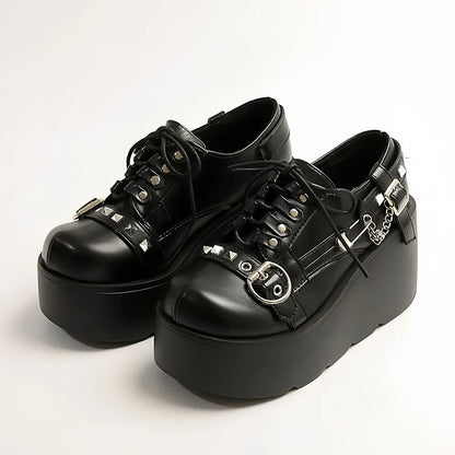 New Arrival Gothic Black Rivets Platform Creepers Shoes White Chain Decor Goth Creepers Chunky Lace Up Lolita Casual Shoes
