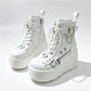 Size 42 Gothic Black Platform Creepers Shoes White Smooth Faux Leather Goth Creepers E-girl Chunky Lace Up Lolita Casual Shoes