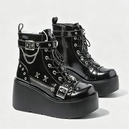 Size 42 Gothic Black Platform Creepers Shoes White Smooth Faux Leather Goth Creepers E-girl Chunky Lace Up Lolita Casual Shoes