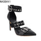 NASBAVI Black Punk Gothic High Heels Sexy Plus Size Pointed Toe Fashion Buckle Rivet Women Pumps Wedding Shoes Stiletto Heels